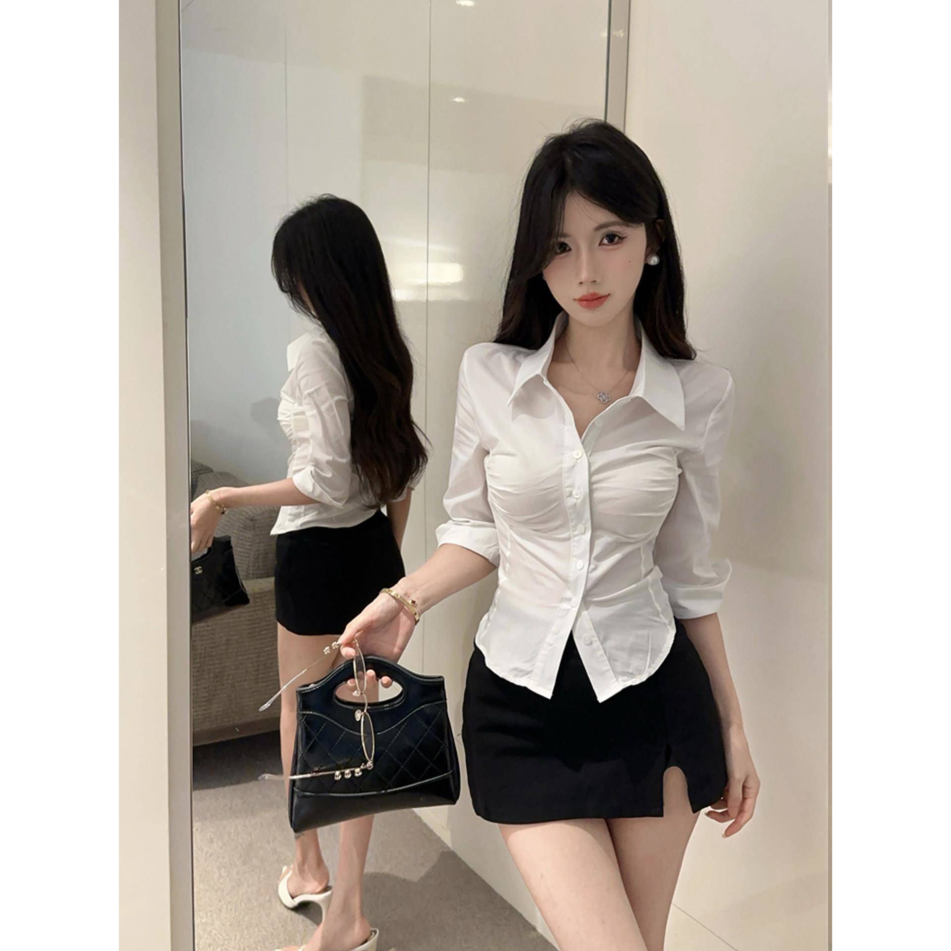 纯欲收腰白衬衫女性感秘书OL空姐制服美容前台按摩足浴技师工作服