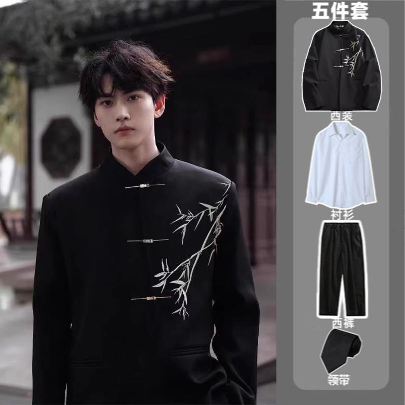 中国风新中式翠竹刺绣飞机扣立领高级感中山装西服外套宽松dk制服