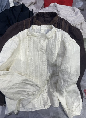 全麻2026春夏新款淑女气质轻透女式压褶蕾丝圆领长袖白衬衫