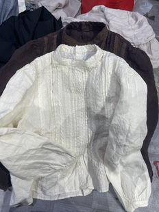 白衬衫 压褶蕾丝圆领长袖 淑女气质轻透女式 全麻2026春夏新款