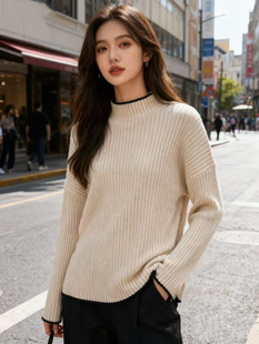 90-150斤内拼色边大版新款撞色小高领套头长袖毛衣女针织衫上衣