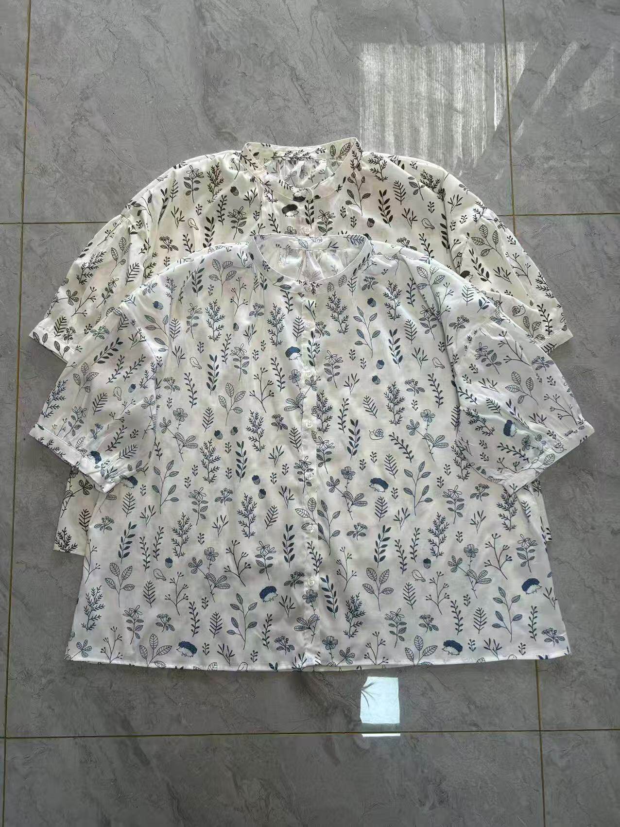 青花瓷碎花圆领衬衫女五分袖国风上衣棉衬衣