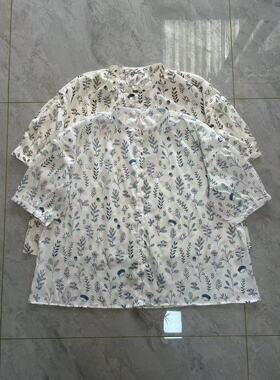 青花瓷碎花圆领衬衫女五分袖国风上衣棉衬衣