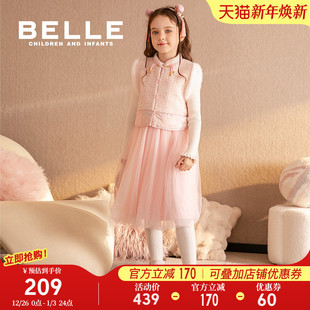 百丽童装女童连衣裙秋季新款儿童网纱公主裙套装小女孩新中式裙子