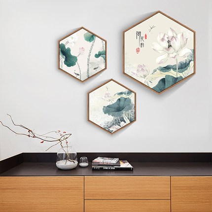 客厅装饰画新中式古典壁画玄关卧室餐厅三联画组合六边形挂画荷花图片
