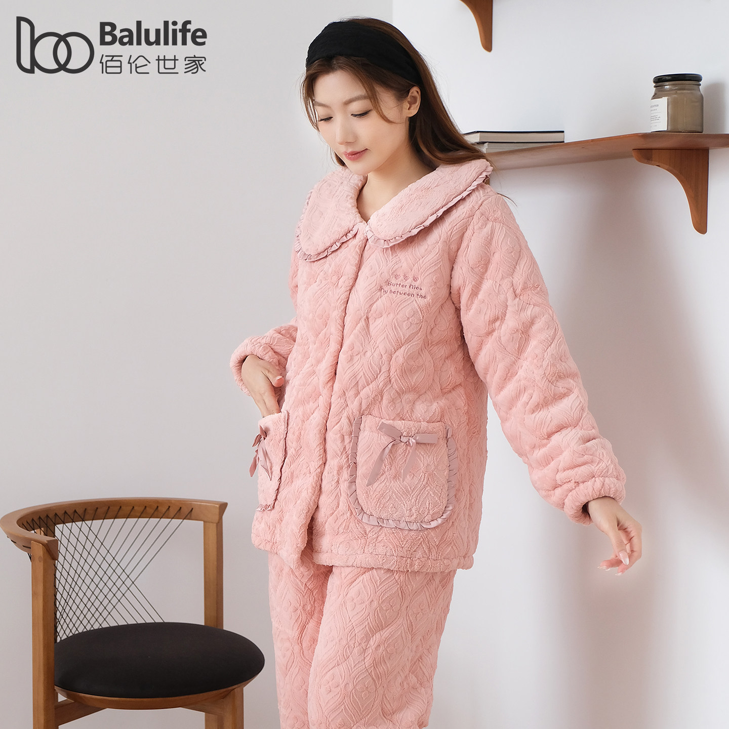 珊瑚绒睡衣女款三层夹棉加厚冬季保暖甜美可爱牛奶绒家居服套装