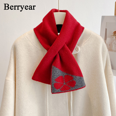 红色100%纯羊毛小围巾女交叉围脖
