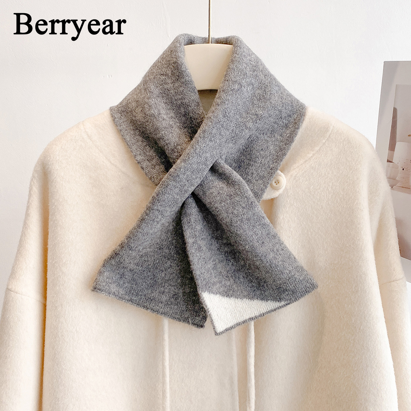 灰色100%羊毛围巾女冬季保暖围脖