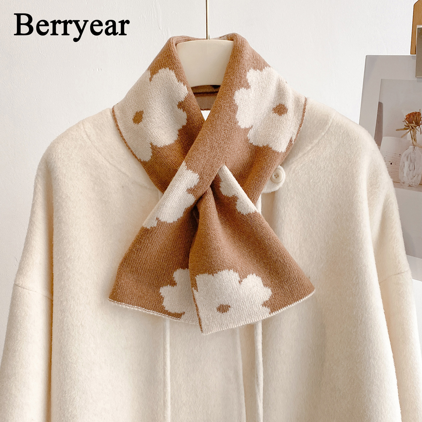 米色100%纯羊毛小围巾女冬季围脖