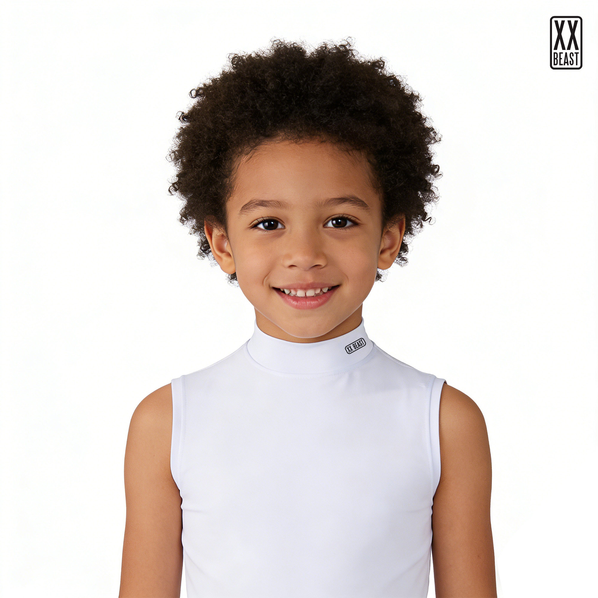 XX BEAST儿童白色高领无袖健身衣儿童修身运动上衣