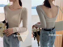 2019秋季新品U型露背露锁骨低圆领长袖修身打底衫上衣女百搭显瘦