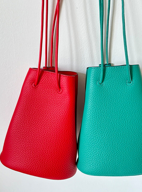 loan新款小众抽绳水桶包ins真皮复古斜挎包女简约头层牛皮单肩包