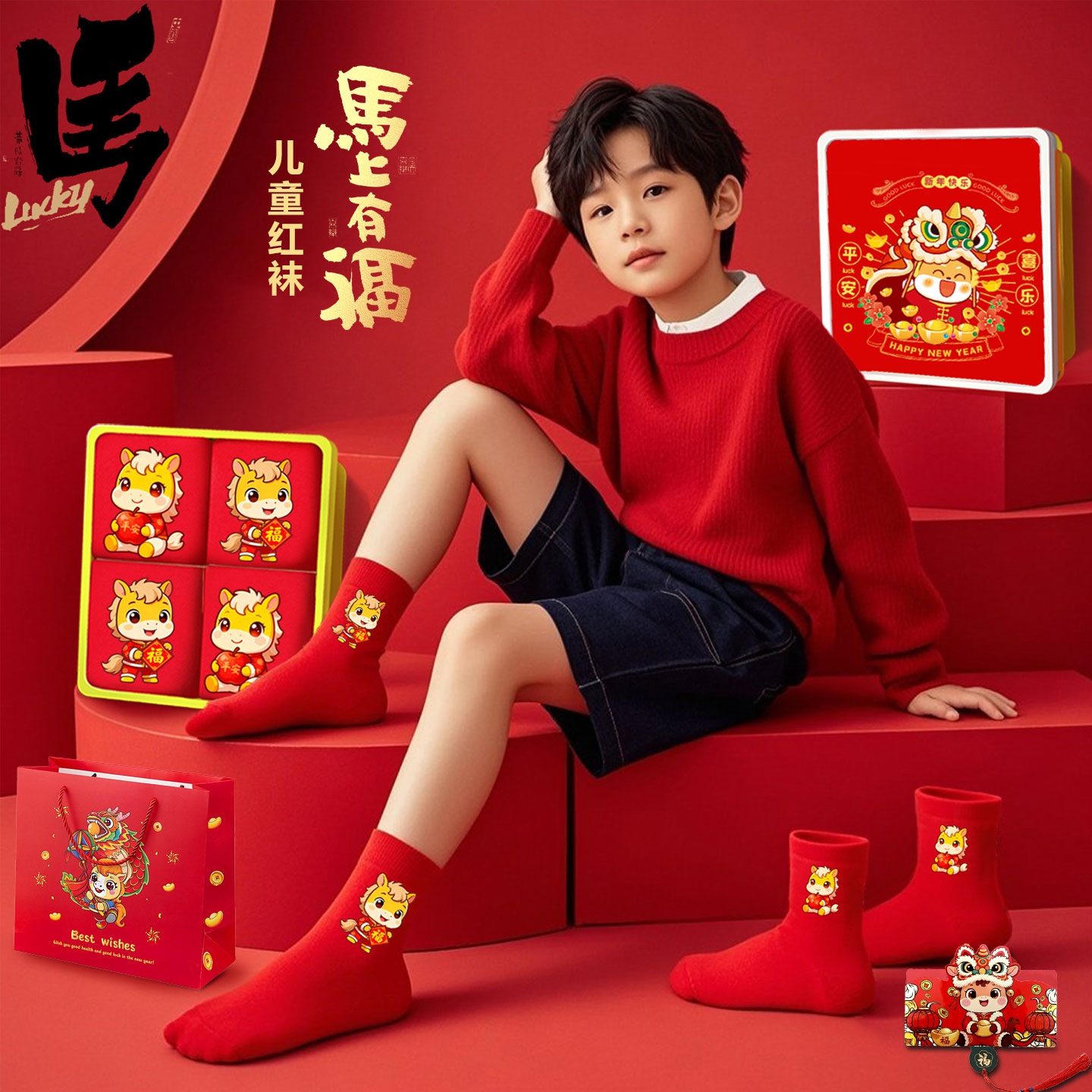 生肖马大红童袜中筒秋冬季平安福