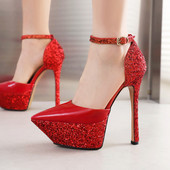 大码 厚底防水台漆皮尖头女凉鞋 女细跟超高跟女鞋 欧美气质包头凉鞋