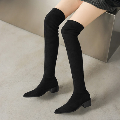 尖头长靴女粗跟中跟时装靴秋冬季复古风瘦瘦过膝盖长筒靴靴大码