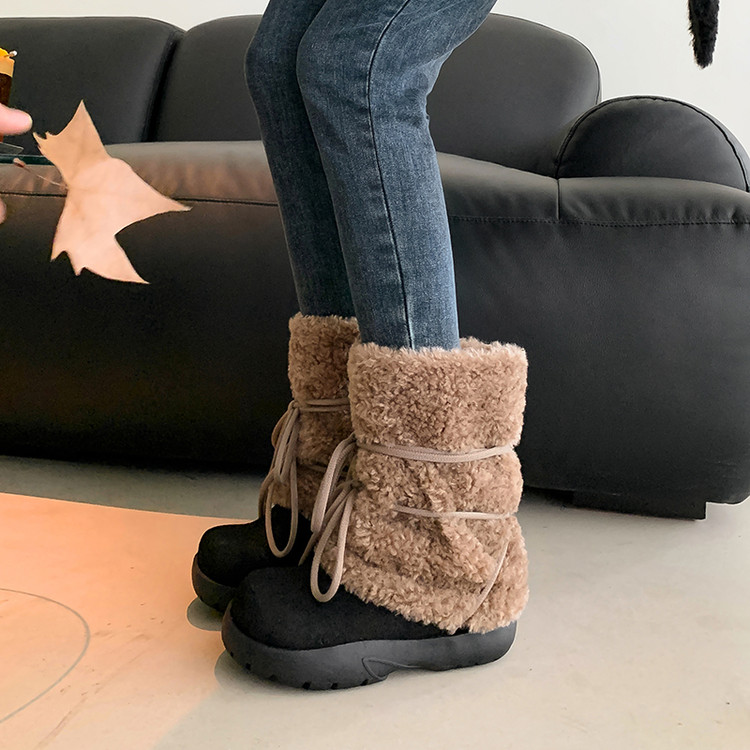 松糕底雪地靴女厚底中筒靴防滑耐磨棉靴东北加绒保暖皮毛一体靴