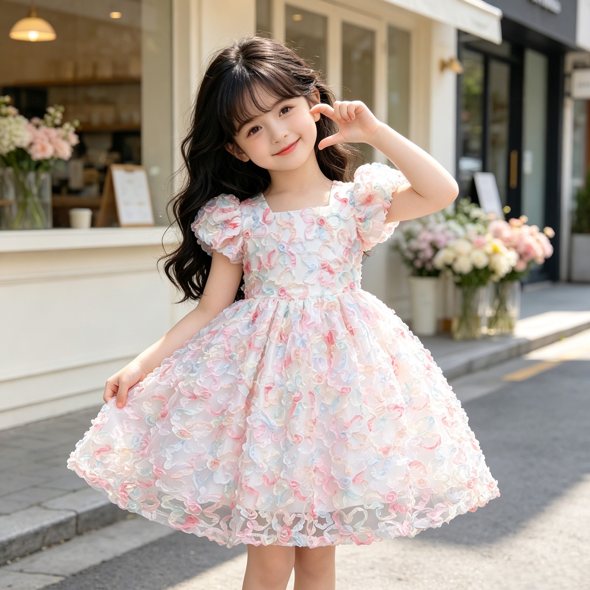 女童韩系立体花泡泡袖公主礼服