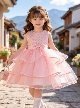 女童无袖网纱蛋糕蓬蓬礼服生日