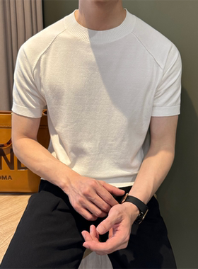 NR先生【纯棉】夏季插肩袖14针男针织衫T轻熟白色休闲圆领短体恤