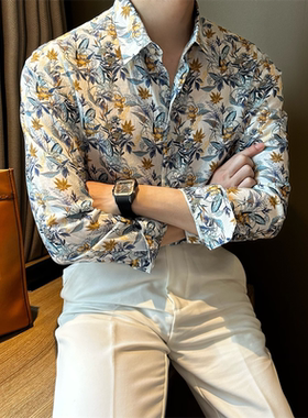 NR先生长袖痞帅海滩度假风碎花衬衫设计感薄款休闲天丝方领男衬衣