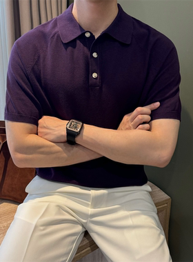 NR先生【纯棉】夏季老钱14针插肩袖polo衫男紫色短袖翻领针织T恤