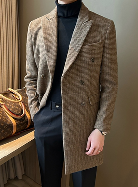 NR先生韩版羊毛呢料格子男大衣双排扣休闲千鸟格中长款商务外套潮