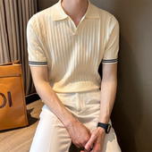 小香风休闲竖条翻领修身 男polo衫 针织t恤 商务通勤短袖 NR先生夏季
