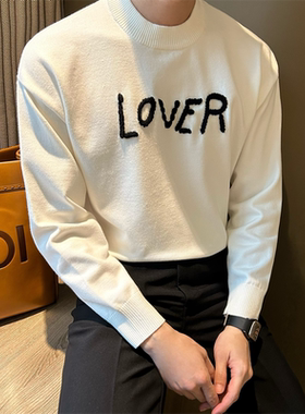 NR先生韩版青年潮流字母刺绣男士毛衣宽松休闲圆领植绒打底针织衫