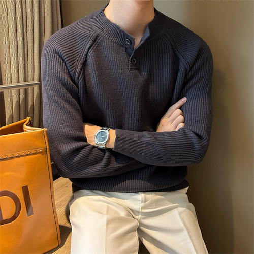 套头亨利领纯色男针织毛衣衫