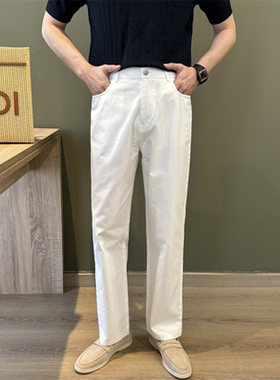 NR先生【100%棉】老钱白色百搭休闲裤男百搭直筒松紧腰设计牛仔裤