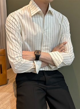 NR先生全棉泡泡纱意式一片领衬衫男品味休闲轻奢纯棉条纹长袖衬衣