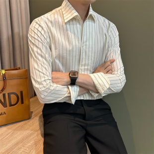 衬衣 男品味休闲轻奢纯棉条纹长袖 NR先生全棉泡泡纱意式 一片领衬衫