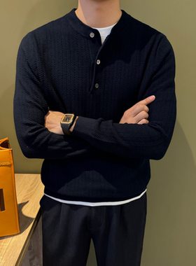 NR先生【纯棉】亨利领肌理纹路毛衣男休闲纯色打底合身老钱针织衫