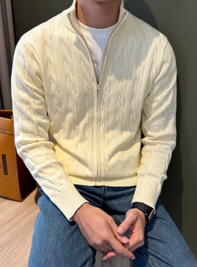 NR先生【含棉】秋冬款复古立领针织开衫男纯色拉链老钱小外套毛衣