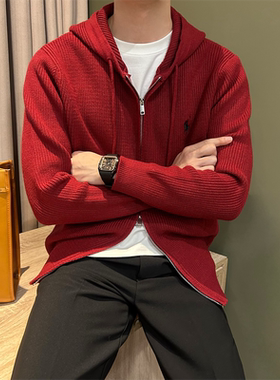 NR先生过年红色刺绣小马标男毛衣圣诞双拉链慵懒潮牌宽松连帽卫衣