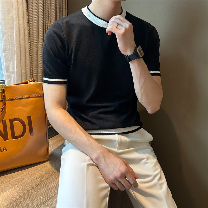 NR先生夏季轻奢男短袖拼色针织衫时尚潮牌修身个性撞色打底圆领T
