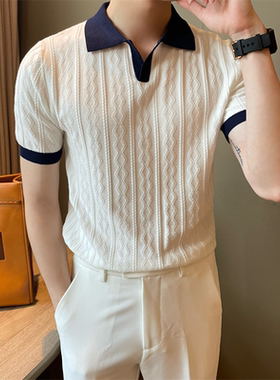 夏季透气意式拼色轻熟潮男Polo衫V翻领弹力提花纹理修身短袖针织