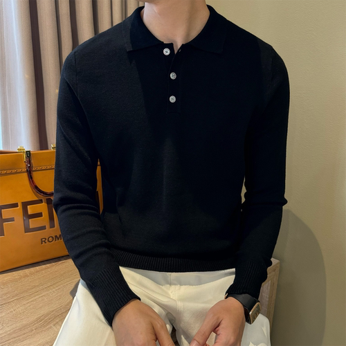 羊毛混纺黑色针织翻领POLO衫男