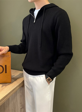 NR先生休闲落肩男半拉链黑色套头毛衣学院风简约百搭针织连帽卫衣