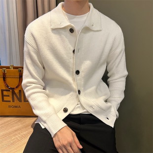 厚男外套 粗线休闲高级感针织衫 NR先生轻熟风白色高领扣式 毛衣开衫