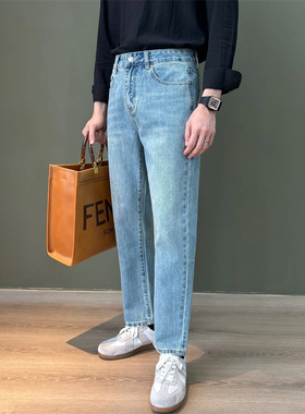 NR先生韩版弹力洗水浅蓝男款牛仔裤潮流皱褶点缀青年小直筒休闲裤