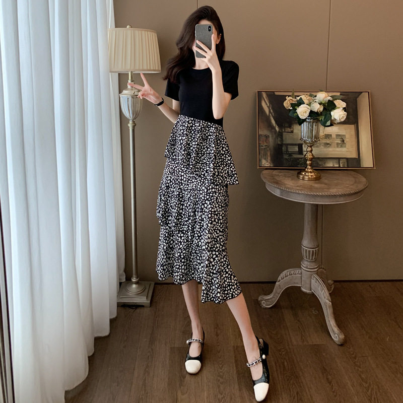 2024夏季新款欧货时尚设计感连衣裙女气质拼接显瘦雪纺碎花蛋糕裙
