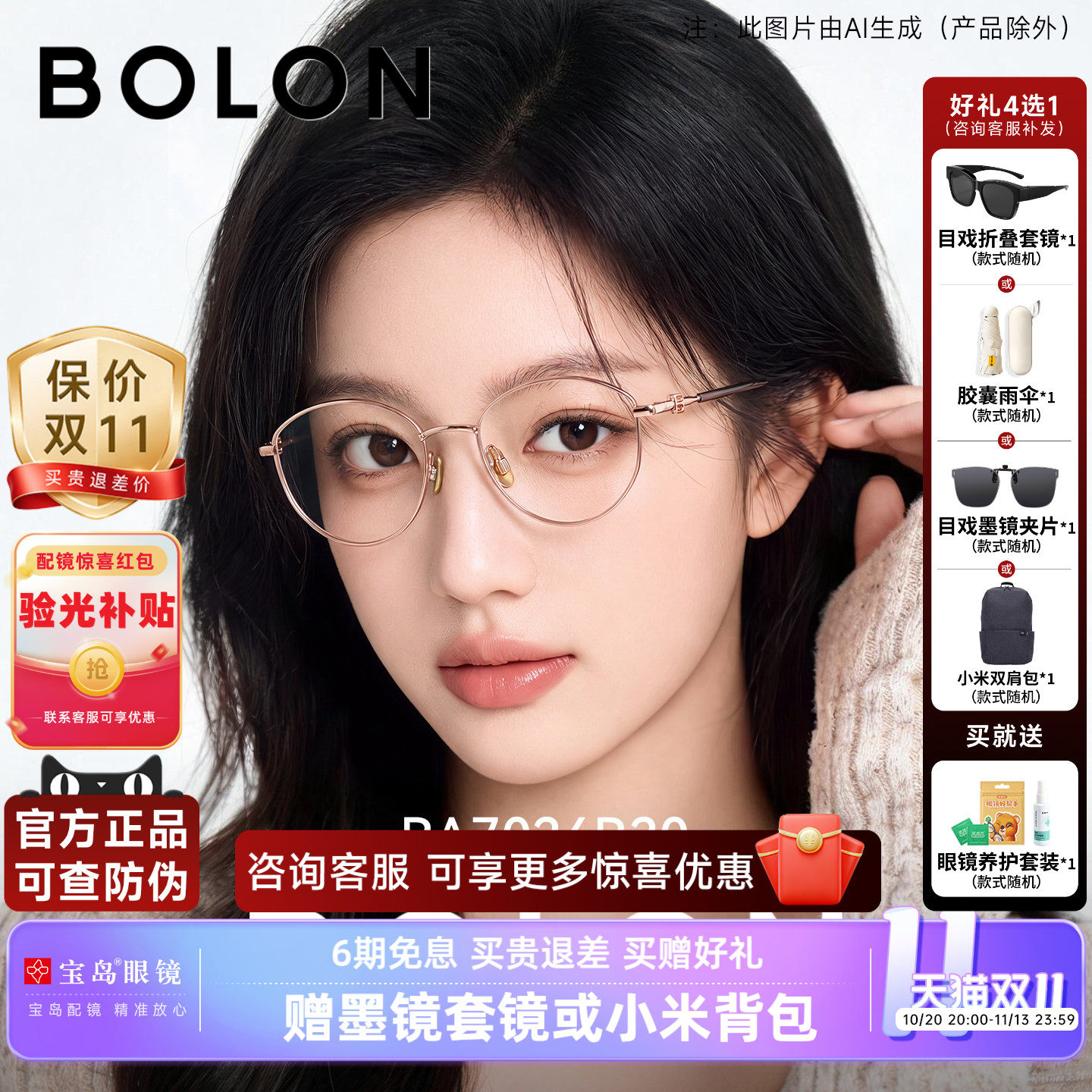 暴龙近视眼镜框新品椭圆框女猫眼书呆子钛合金光学镜架BA7036