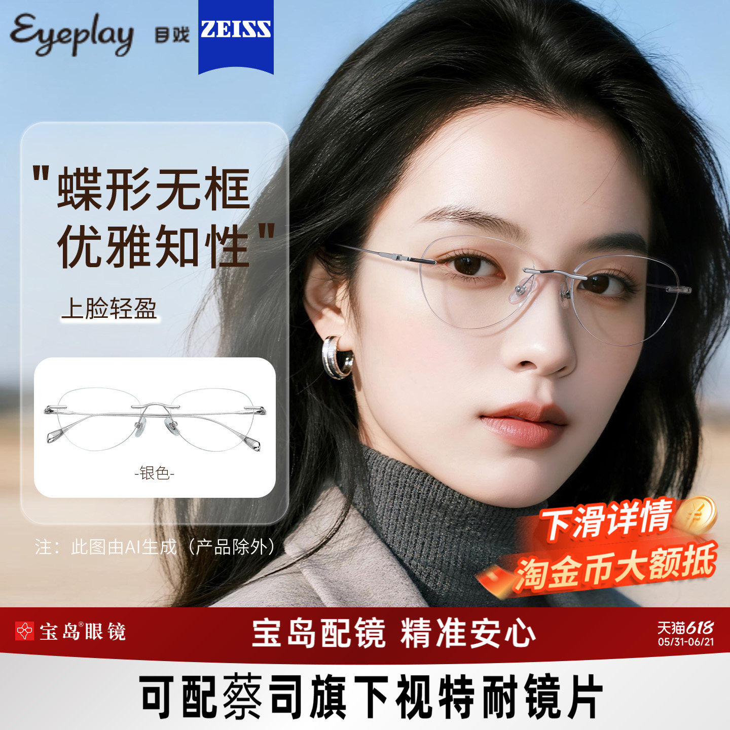 目戏无边框近视眼镜女可配度数无框眼镜框镜架轻盈23003