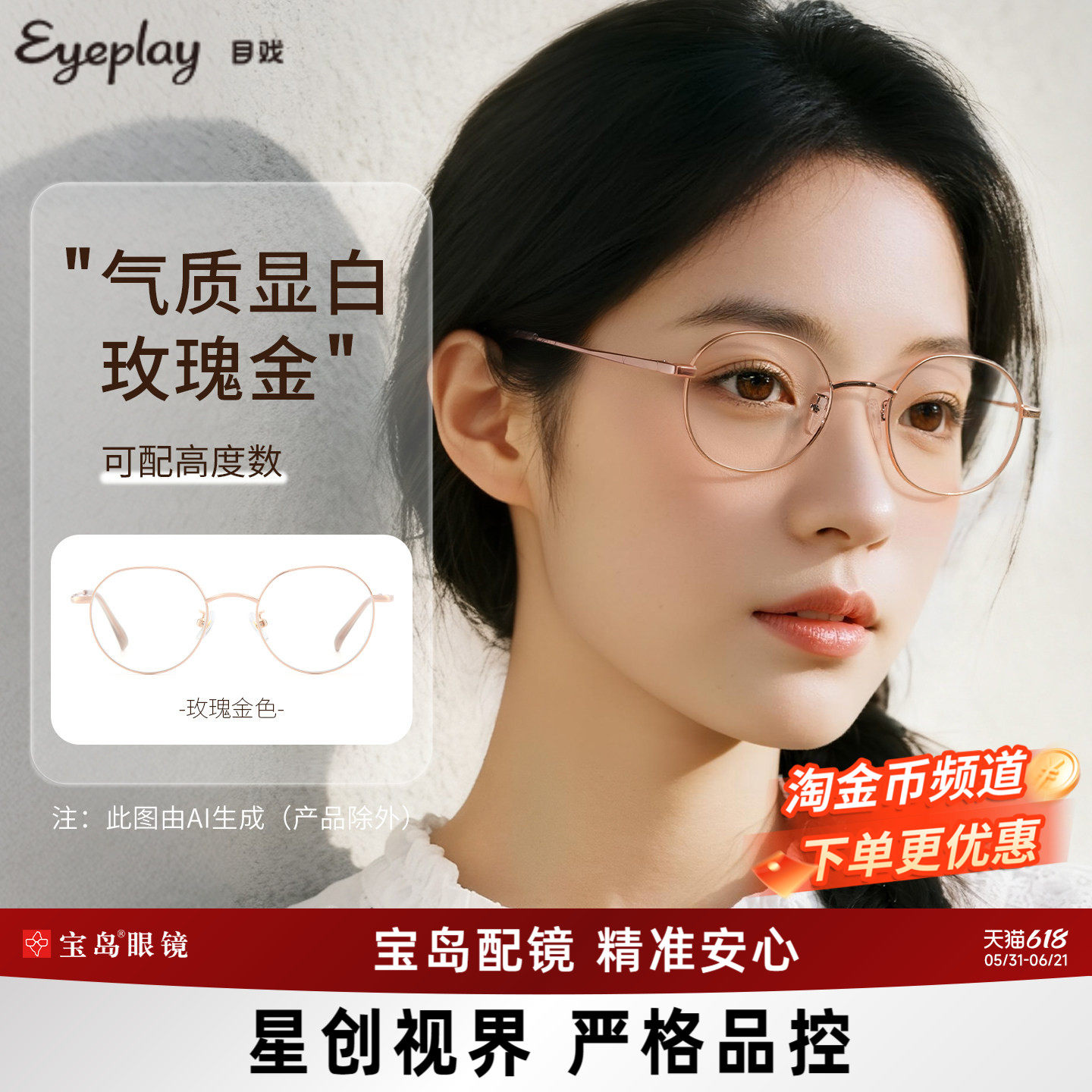 目戏近视眼镜小框圆框可配度数可选防蓝光镜片眼镜框镜架女1045