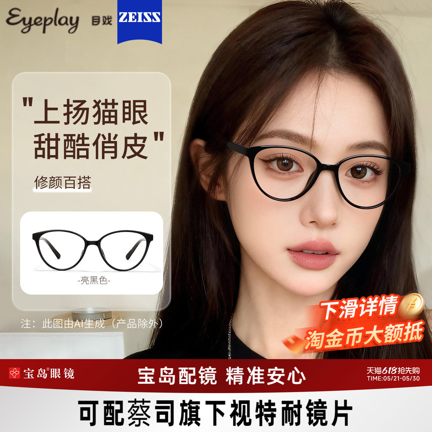 目戏猫眼黑框近视眼镜女可配度数镜片眼镜框镜架可选防蓝光31005