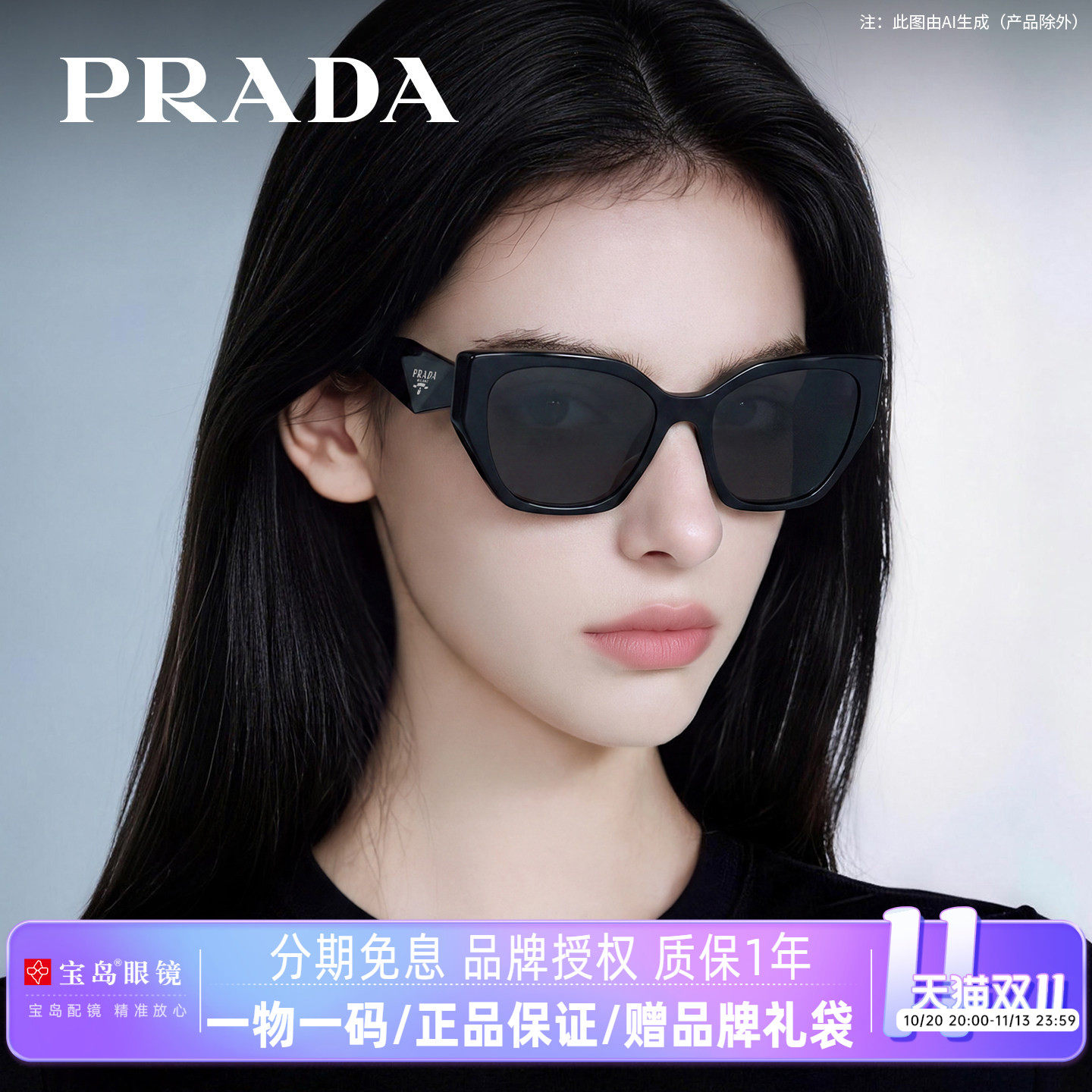 Prada普拉达墨镜猫眼女士复古三角标板材前卫街拍防晒太阳镜19ZSF