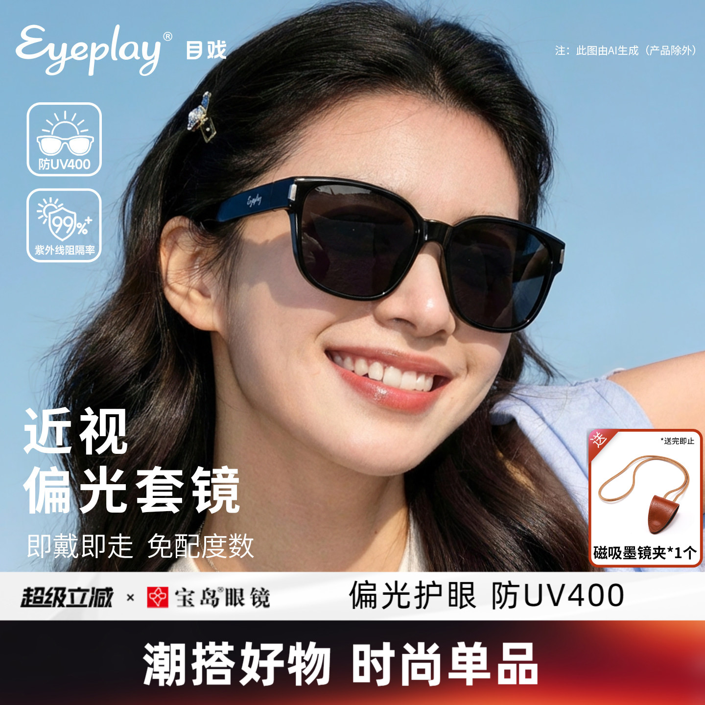 目戏近视墨镜套镜女款偏光防晒高级感可套近视镜太阳眼镜女76005