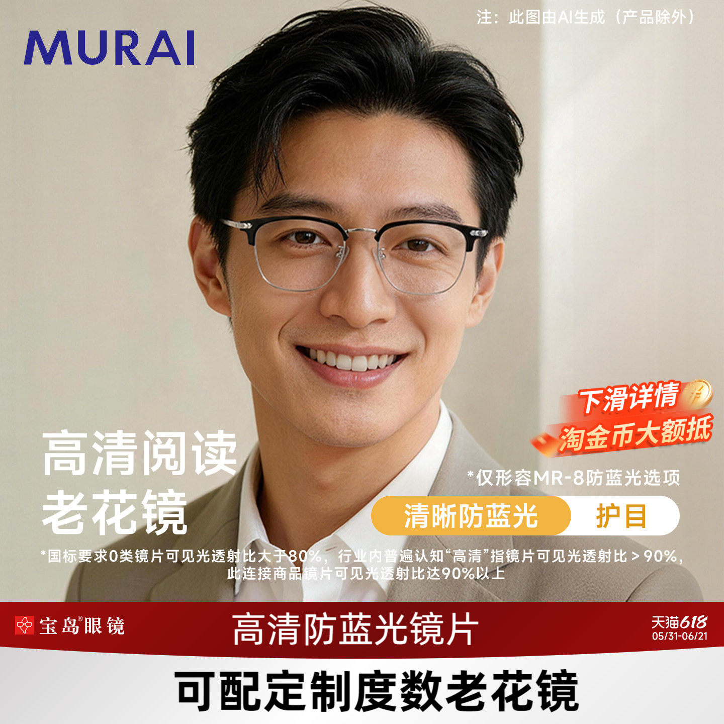 MURAI老花镜男品牌高档正品高清老花眼镜男款可配蔡司视特耐镜片