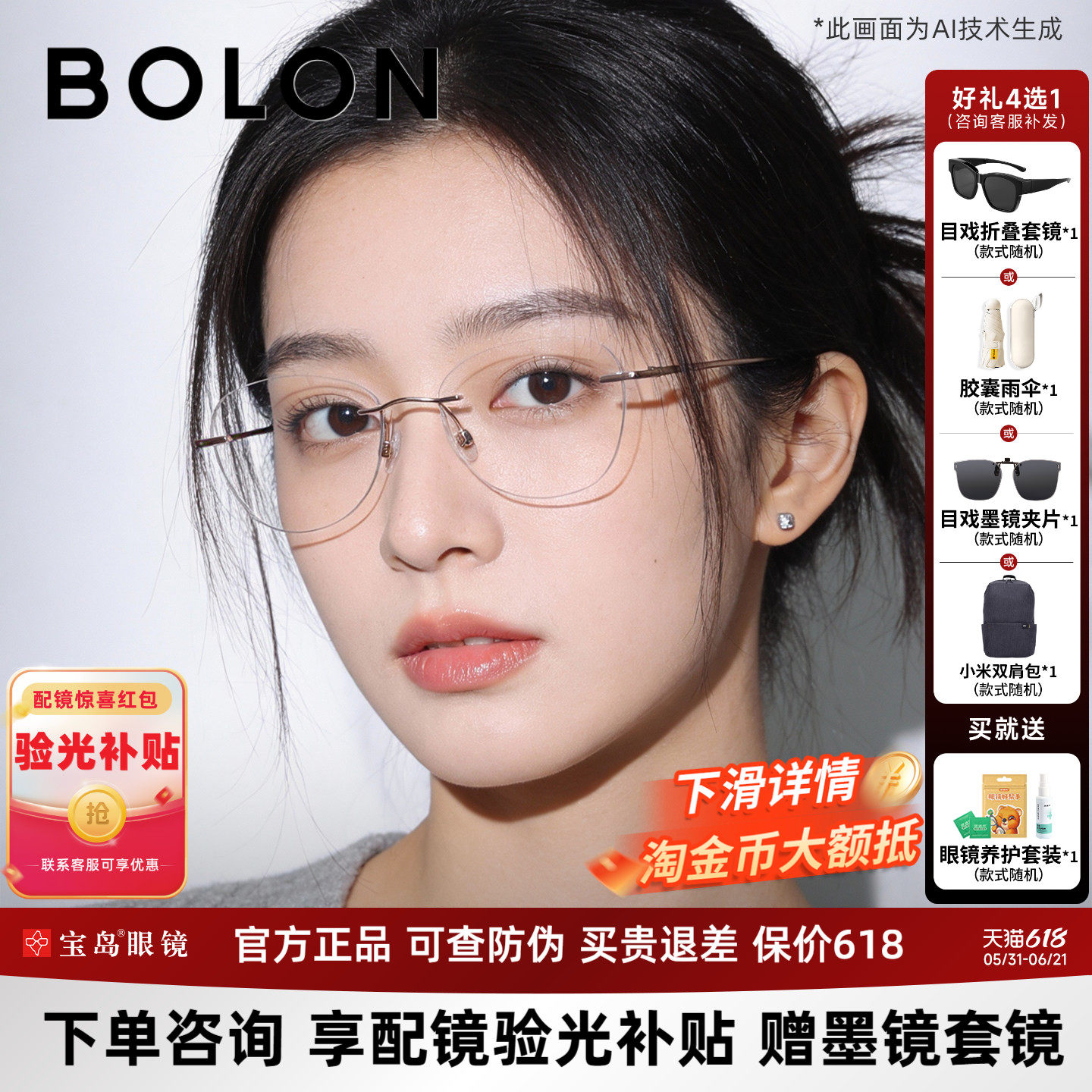 暴龙无框近视眼镜架蝶形钛合金气质可配度数镜片光学镜框女BT1592